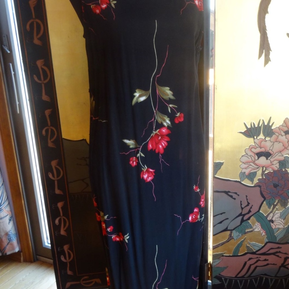 Vintage Aline Black Sheath Red Roses Midi Dress 14